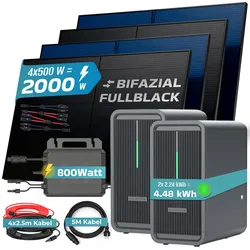SUNNIVA® 2000W Balkonkraftwerk mit 4,48 kWh Speicher Marstek B2500-D & 800W Wechselrichter, BIFAZIAL FULLBLACK komplett Steckdose, PV Solaranlage Komplettset mit Solarspeicher, 4x 500W N-Type Glas