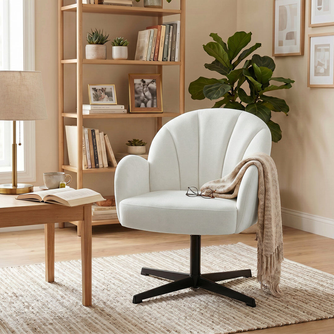 George Oliver HOMCOM Swivel Accent Chair Velvet-Feel Fabric Armchair Cream 80cm H X 68cm W X 64.5cm D