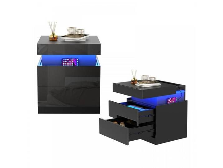 KEDIA Table de Chevet Noir Lot de 1 45x40x52CM Avec LED et USB Chevet de Lit avec 2 Tiroirs et Armoires Coulissantes Cachées