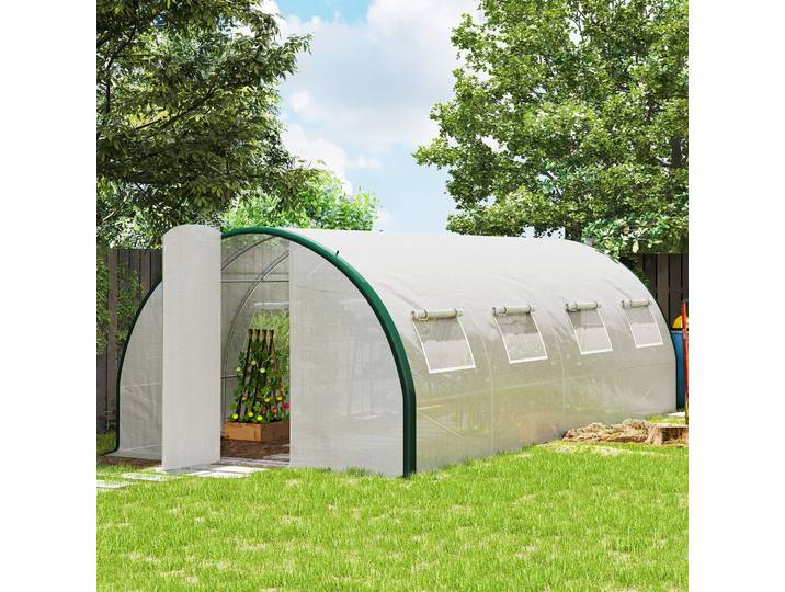 Outsunny Serre Tunnel 18m² Bâche PE Blanc avec Portes et Fenêtres