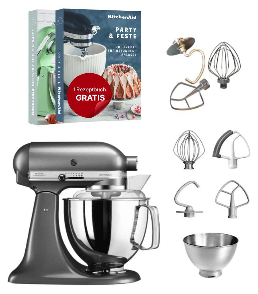 KitchenAid 4,8 L 5KSM175 Artisan Küchenmaschine inkl. TschimmHook Rührelemente Medaillon Silber