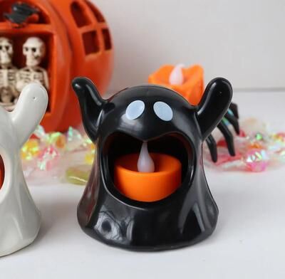 Uplifted Finds "Halloween Ghost Candle Holder   LED Candlestick Lighting & Spooky Party Decoration   3.14"" Ceramic Style Ghost black"