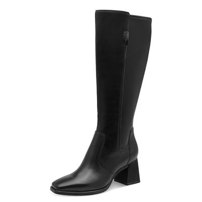 Stiefel TAMARIS, Damen, Gr. 38, Synthetik Textil, Normalschaft, beige (schwarz), Leder, Lederimitat, unifarben, Schuhe Stiefel, Blockabsatz, Langschaftstiefel in klassischer Karree-Form