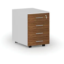 Büro-Rollcontainer PRIMO WHITE, 4 Schubladen, Weiß/Nussbaum