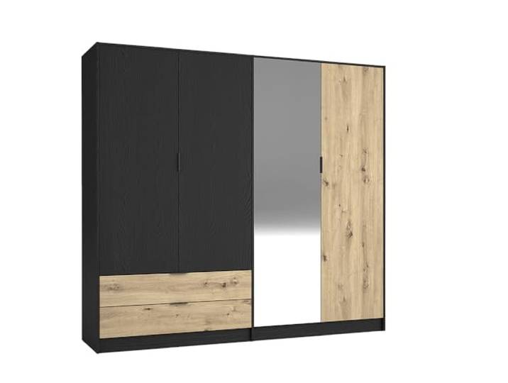 Lomadox Schlafzimmer Kleiderschrank, Graphit mit Artisan Eiche, 220cm breit, 4 Türen, 2 Schubladen, Spiegeltür