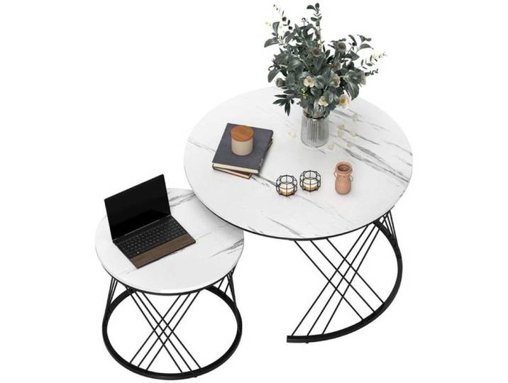 Lot de 2 tables basses aspect marbre aggloméré métal tables basses rondes pour salon empilables blanc