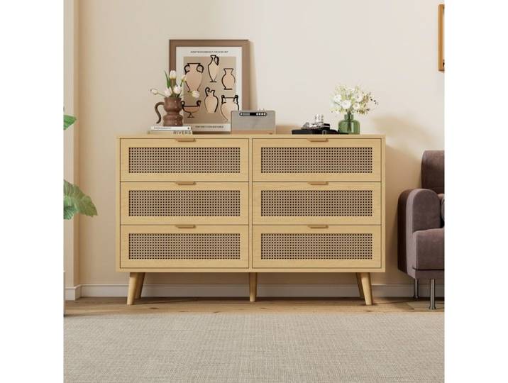 Commode rétro en décor chêne avec 6 tiroirs poignées en métal