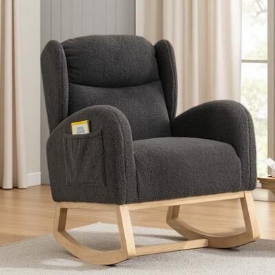 Teddy Fabric Upholstered Rocking Armchair with Solid Wood Legs & Ergonomic Backrest, Cozy Cushioned Lounge Rocker