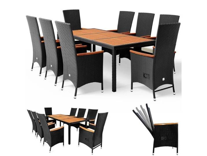 Salon de jardin en polyrotin noir crème Ensemble table et chaises avec coussins Ensemble de jardin 8 personnes