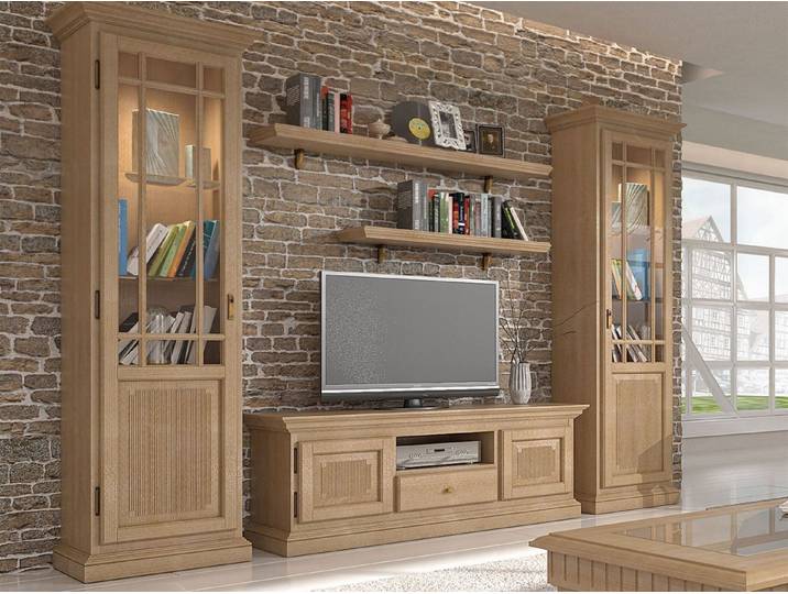 Casamia Schranksystem Wohnzimmer Schrank Set Wohnwand Duett Vitrine TV Lowboard Pinie massiv