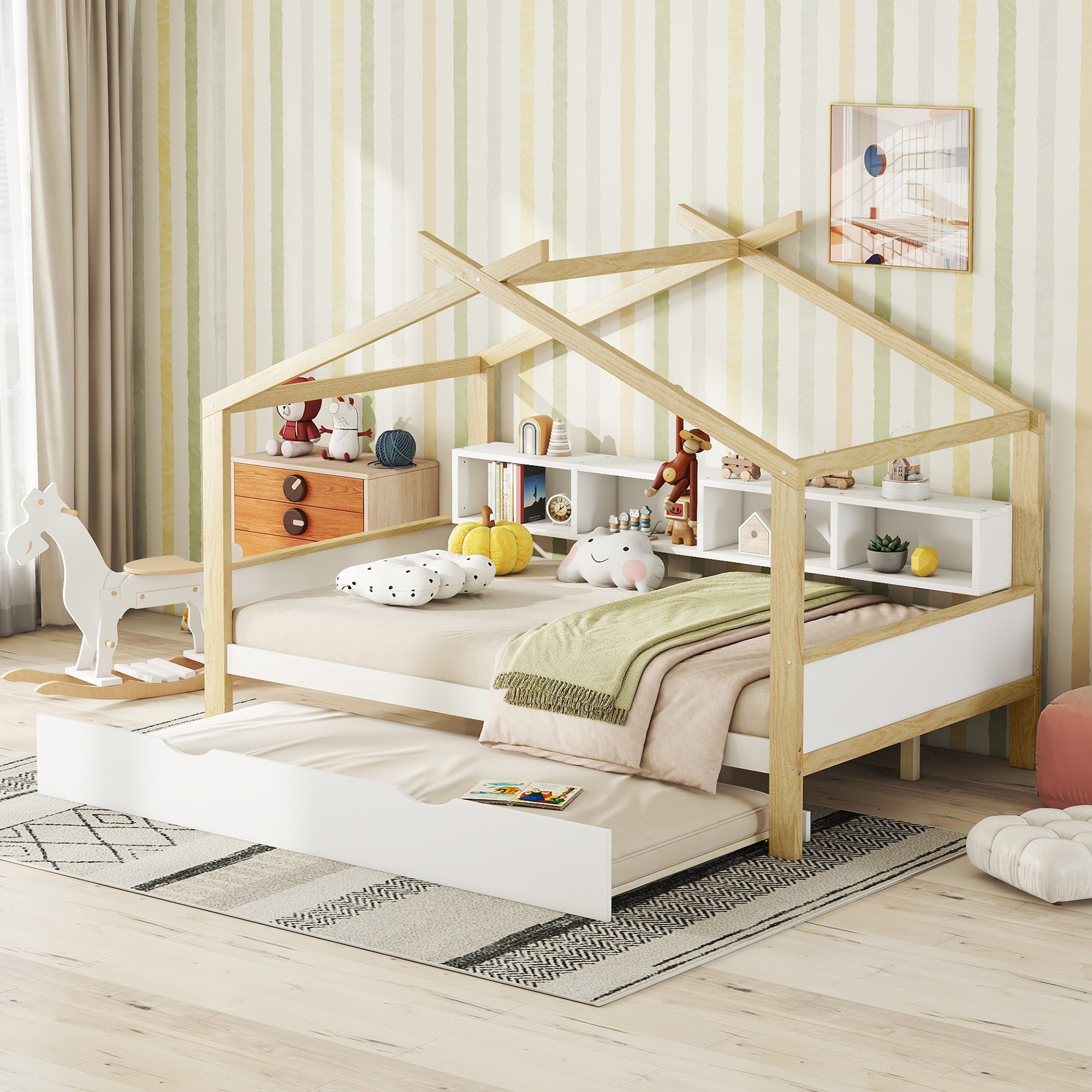 MODFU Kinderbett 140x200cm mit Ausziehbett und 4 Staufächern, Erweiterbares Hausbett mit Rausfallschutz und Dachform,Massivholz Einzel- und Doppelbett(ohne Matratze)