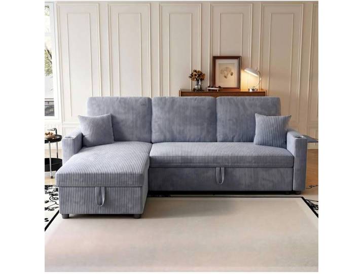 Canapé d'Angle Convertible 3 Places avec Méridienne Rangement USB et Porte-Gobelet Corduroy Gris - UVRION