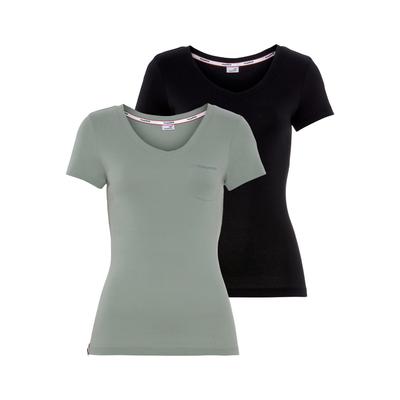 V-Shirt KANGAROOS, Damen, Gr. 44/46, grün (hellkhaki, schw), Rippware, Obermaterial: 100% Baumwolle, kontrastfarbene Details, unifarben, Basic, sehr figurbetont hüftbedeckend, V-Ausschnitt, Shirts, Kurzarm, figurbetonter Schnitt, aus Baumwolle, im...