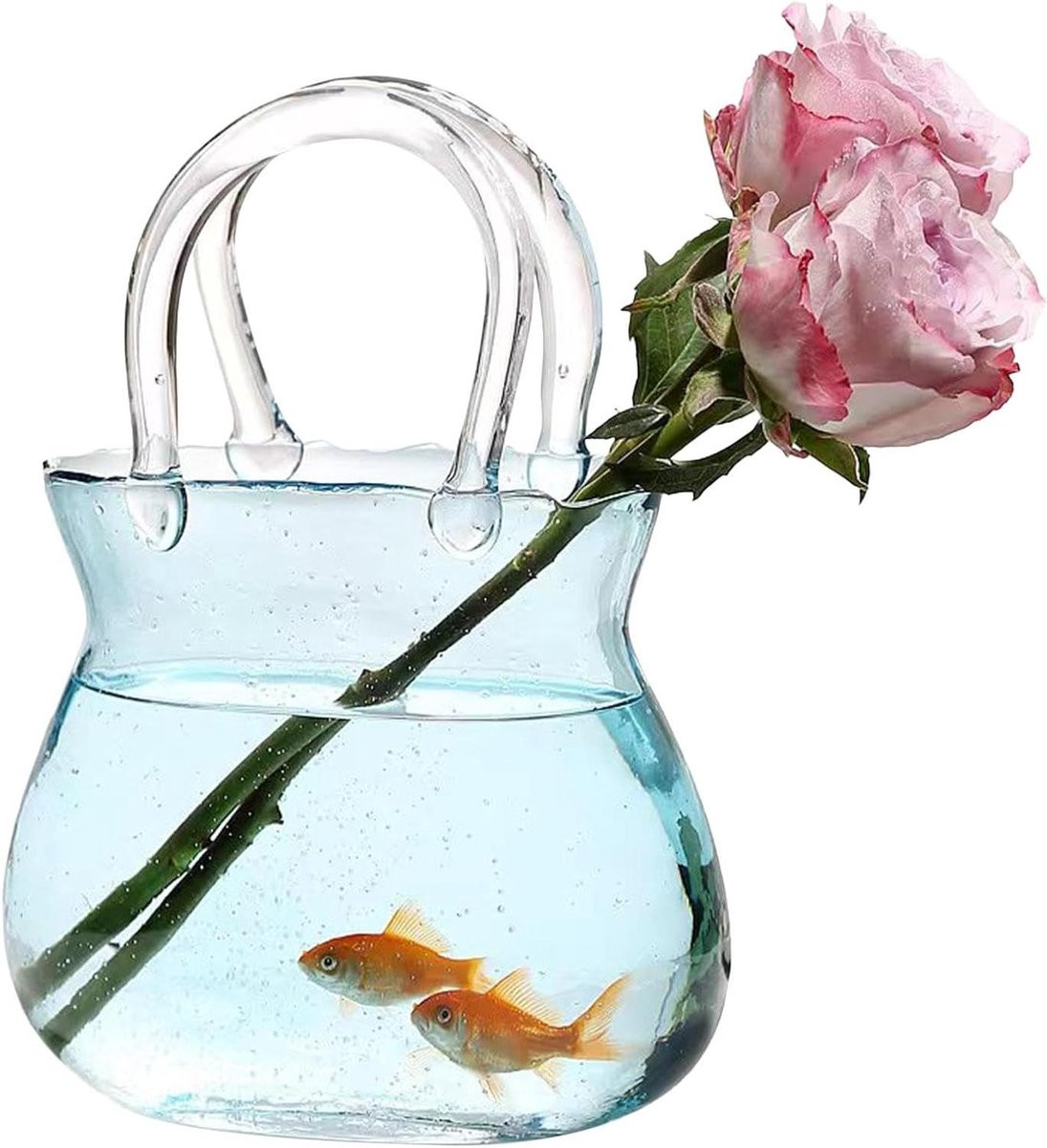 Blauwe mondgeblazen glazen handtas vaas voor het schikken van bloemen, Hoogte: 26,5 cm
