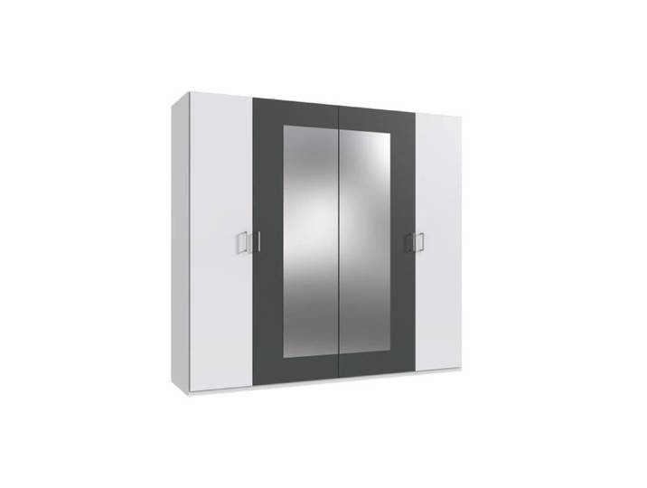 Armoire RHODES - 4 portes + miroirs - Décor Blanc et gris - L225 x P58 x H208 cm