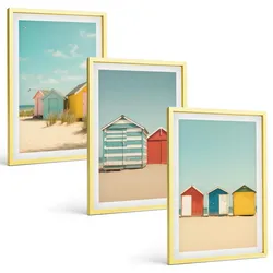 BILDER SET 3er Set - 40x60 cm Goldrahmen - Bunte Häuser, Strand, Sonne