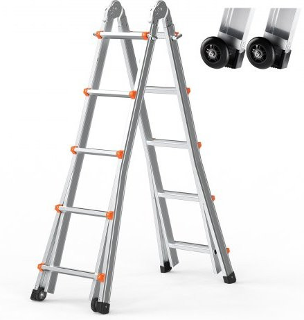 VEVOR Telescopische Aluminium Ladder met A-frame, Zilver, Hoogte: 599 cm, Draagvermogen: 150 kg