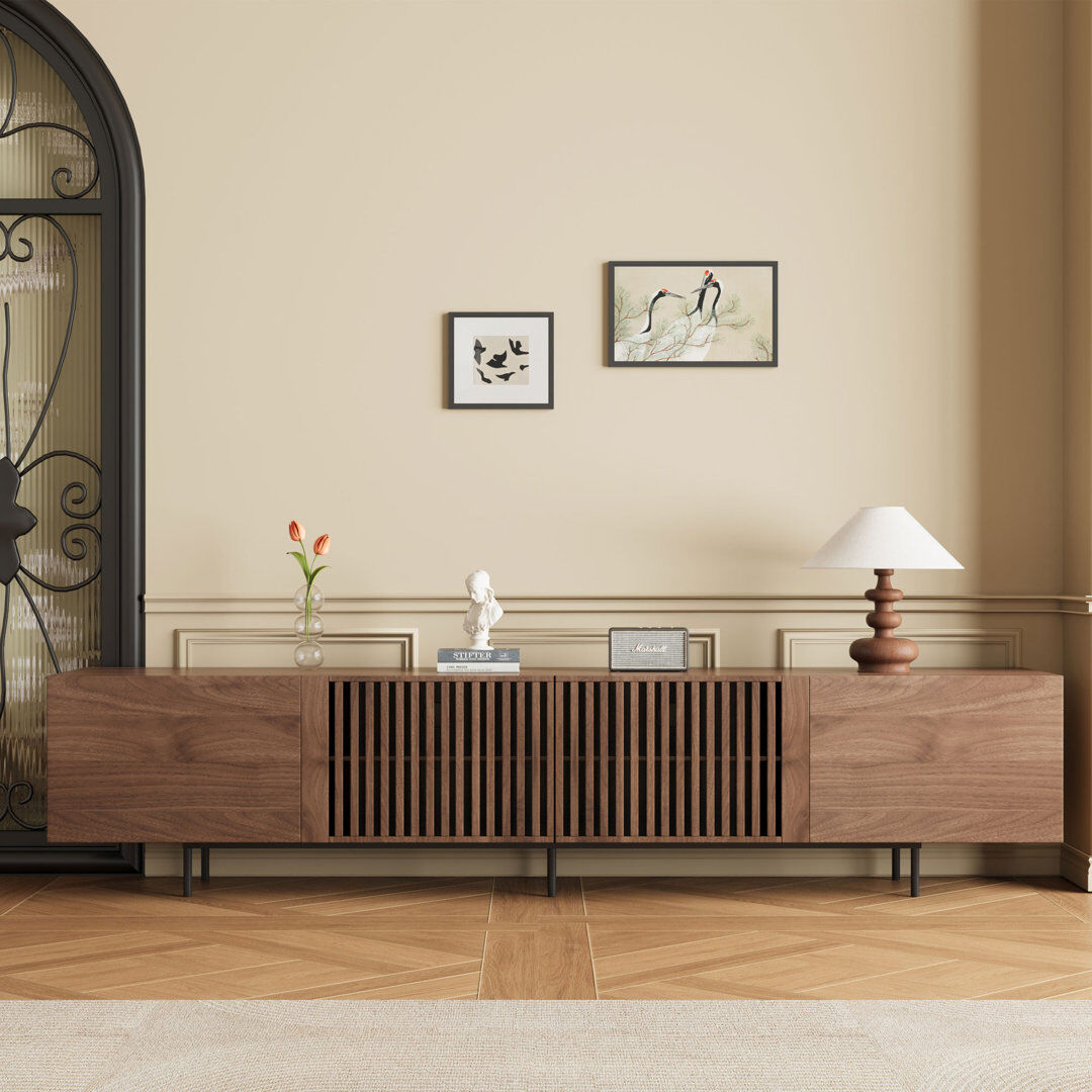 Ebern Designs Vintage TV Unit & Stand for Large TVs   Premium Media Console in 1.8m/2.4m Sizes   Walnut   Fits 75-100 Inch Televisions   Bedroom & Living Room Fur walnut 55cm H x 240.4cm W x 40cm D