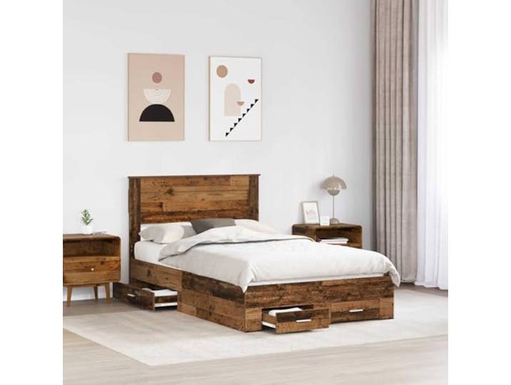 KTHLBRH Bettgestell aus Altholz, 120 x 190 cm Mit Kopfteil, Schubladen, Lattenrost, technischem Holz, moderner Stil