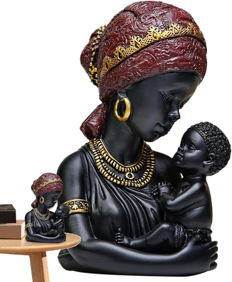 Handgemaakt Moeder en kind beeld - Afrikaanse kunst decoratie van hars