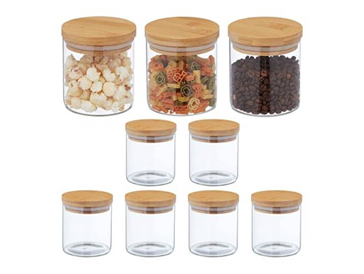 Relaxdays Vorratsgläser mit Bambusdeckel, 9er Set, transparent/Natur