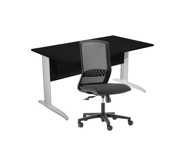 Pack Bureau droit Pronto Métal - L.140 x P.80 cm - Plateau Noir - Pieds L Chrome + siège Tekna Tissu Noir