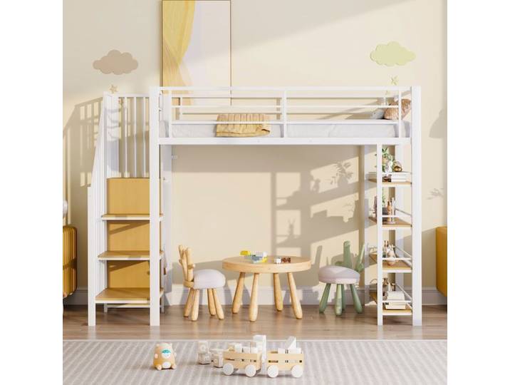 Lit Mezzanine - AUTREMENT - 90x200 cm - Blanc - Escalier de rangement - Barrières hautes