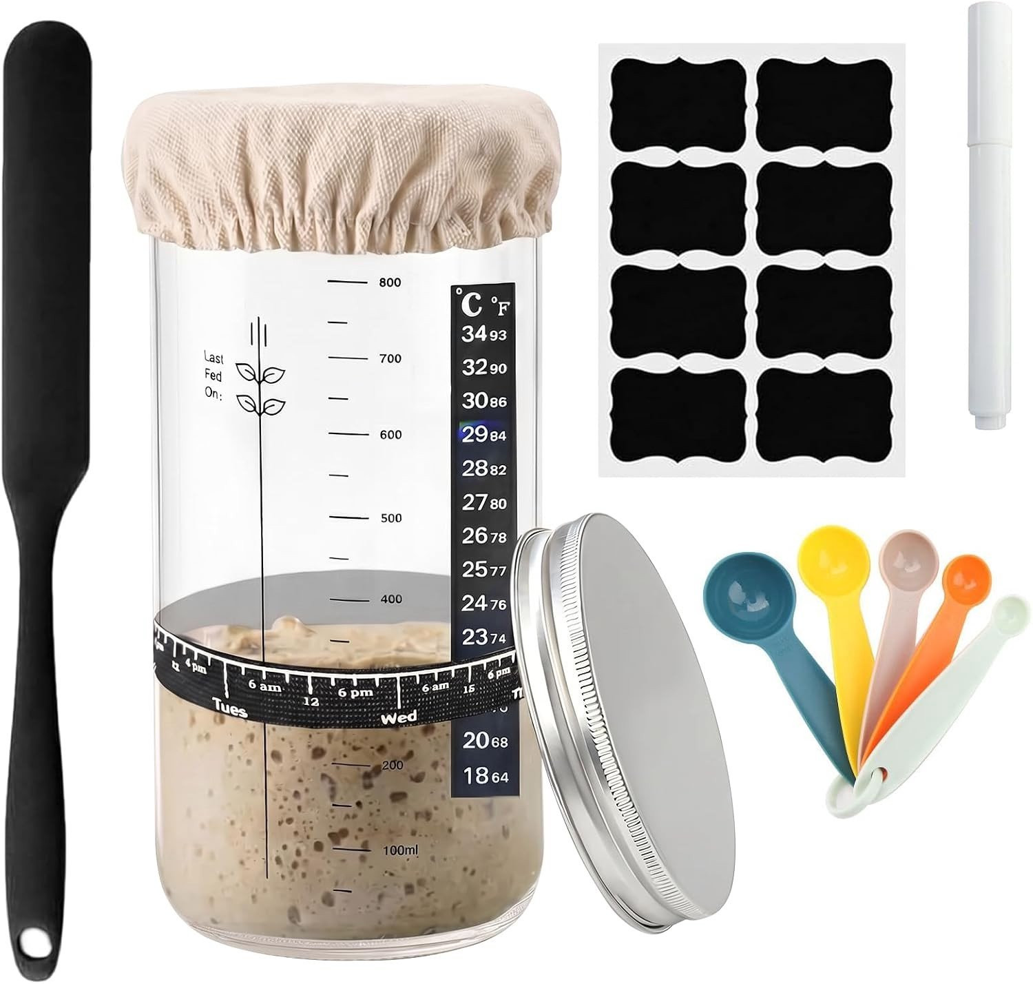 9-delige zuurdesemstarter set met 1000 ml fermentatieglas, thermometer en bakaccessoires voor het bakken van brood