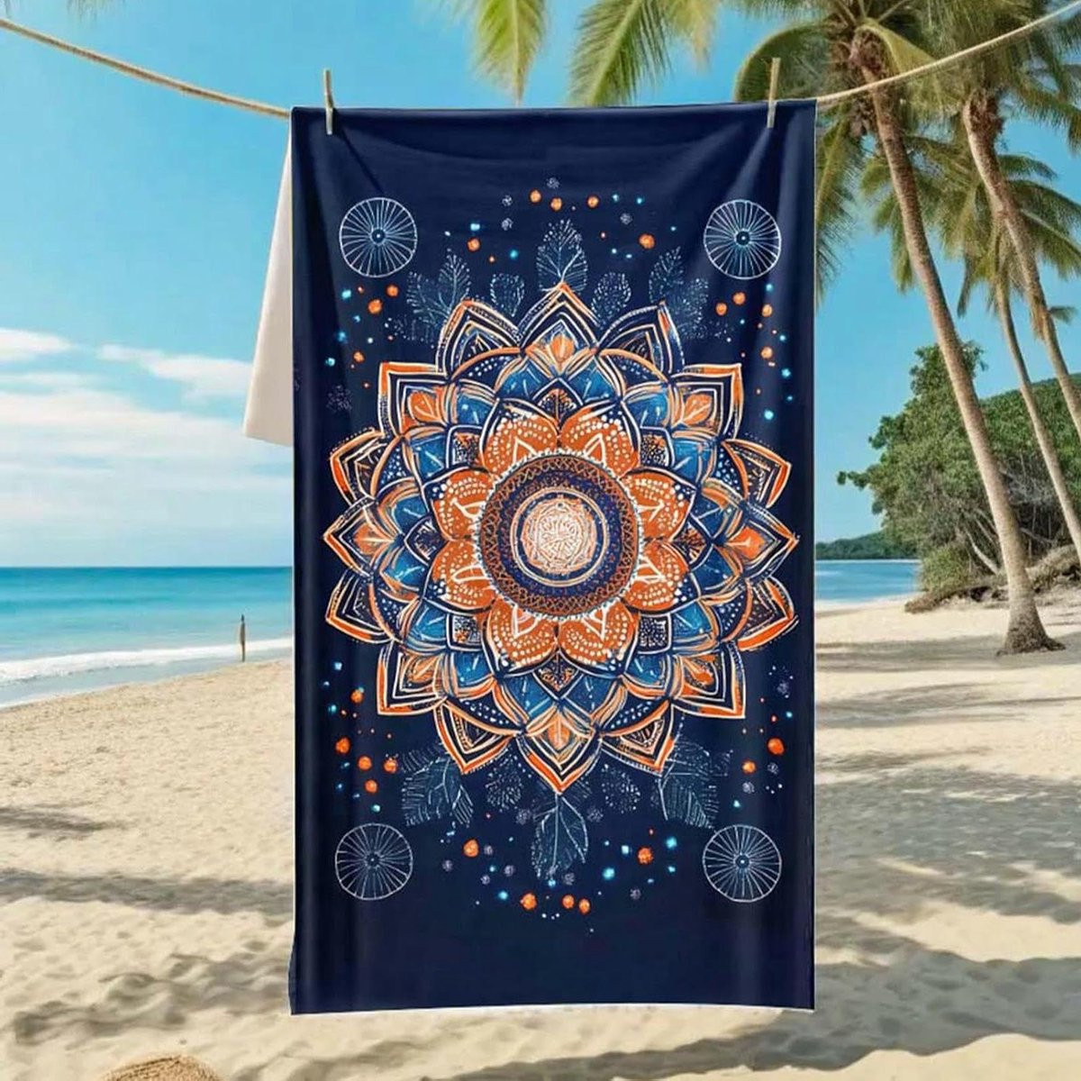 Merkloos Strandlaken XXL - Microvezel Badhanddoek - Donkerblauw Oranje - 70 x 140 cm