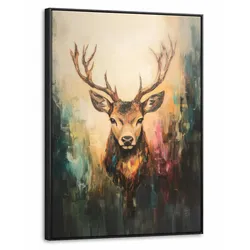 LEINWAND Bilder mit Rahmen - Hirsch - Gemalt - Geweih - Braun - 50x70
