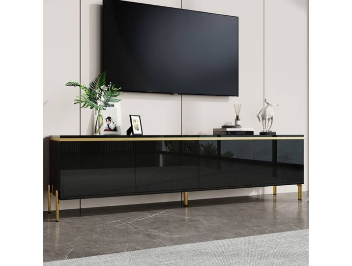 Meuble TV Moderne avec 4 Portes Finition Brillante Sans Poignée Bande de Bordure Dorée Interface de Câble 170x38x50cm Noir