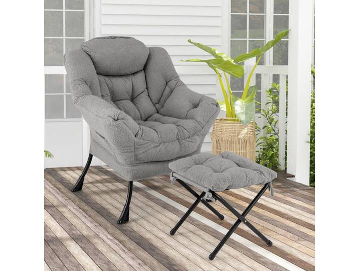 GIANTEX Fauteuil Relax avec Repose-Pied Pliable+ Oreiller+ Poche Latérale-Fauteuil Rembourré Moderne- pour Salon/Bureau- Gris