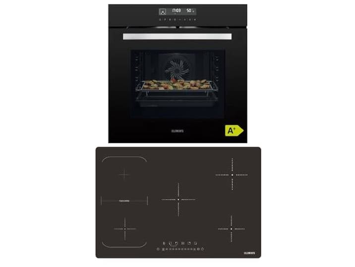 KB ELEMENTS Autarkes Herdset 60cm Einbaubackofen Air Fry Funktion 77cm Induktionskochfeld Induktionskochfeld mit Flexzone Grill Heißluft AQUA CLEAN 14 x Funktionen