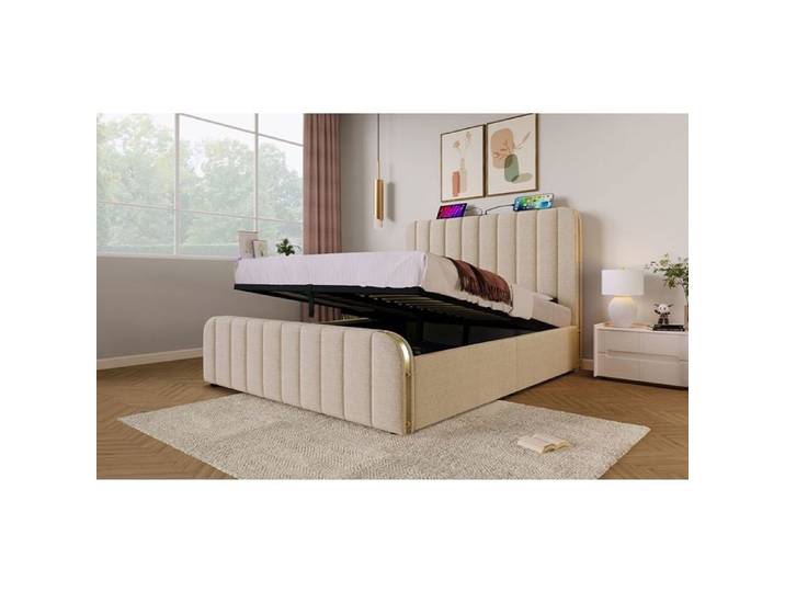 Lit coffre capitonné beige 160x200 USB-C