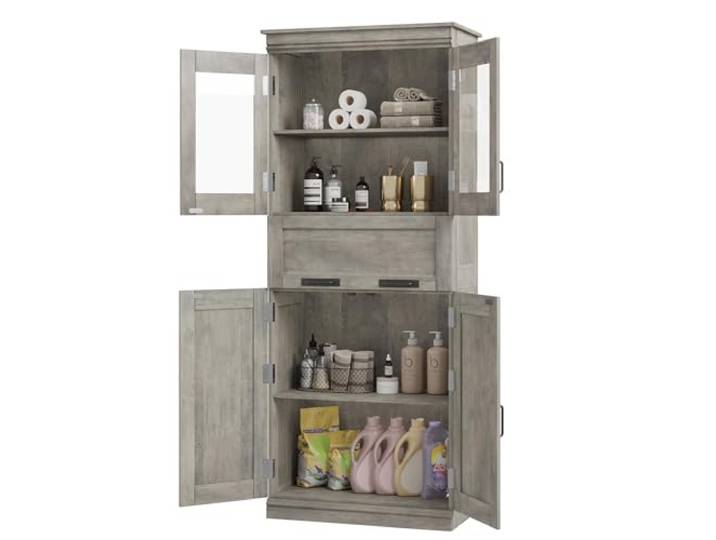 Acekool 67 Hoher Stand-Schrank mit 4 Türen & Glasfront-Schublade, verstellbaren Böden – Freistehender Aufbewahrungsschrank für Küche, Wohnzimmer, Abstellraum – Grau, Doppelreihe