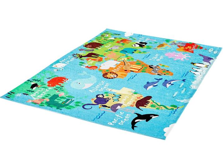 Kinderteppich OBSESSION My Torino Kids 233 , blau (hellblau), B:120cm H:10mm L:170cm, Polyester, Teppiche, Kinderteppich, Motiv Weltkarte, Kinderzimmer