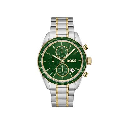 Chronograph BOSS "GRAND PRIX", grün (silberfarben, goldfarben), Armbanduhren, Herren, Chronograph, Quarzuhr, Armbanduhr, Herrenuhr, Edelstahlarmband, analog, Tag