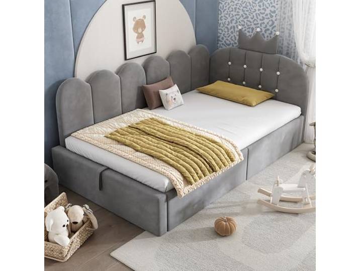 Schlafsofa 90x200 Mit Ausziehbett, Samt-Polsterbett in Grau Polsterbett mit Krone-Gitter-Design, L-Form, platzsparend, für Kinder- und Gästezimmer, praktisches Gästebett, ohne Matratze