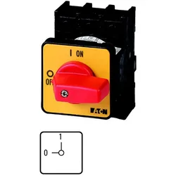 Eaton 002388 EIN-AUS-Schalter, P1, 25 A, Einbau, 3-polig, NOT-AUS-Funktion, mit rotem Knebel und gelbem Frontschild P1-25/E-RT