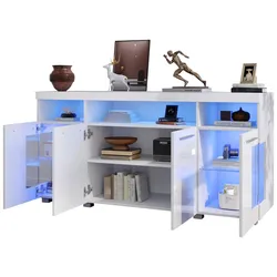 Sideboard 140x40x70 cm mit LED-Beleuchtung, Glasfront, 3 Schubladen, 6 Ablagefächer, minimalistisches Design, Weiß