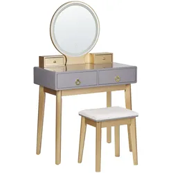 SCHMINKTISCH mit rundem LED-Spiegel Hocker 4 Schubladen grau/gold Fedry