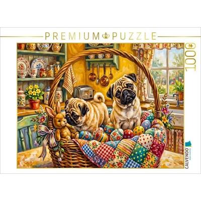 CALVENDO Puzzle Zwei Möpse im gemütlichen Osterkörbchen in Küche Puzzle | 1000 Teile Lege-Größe 64x48cm Foto-Puzzle für glückliche Stunden