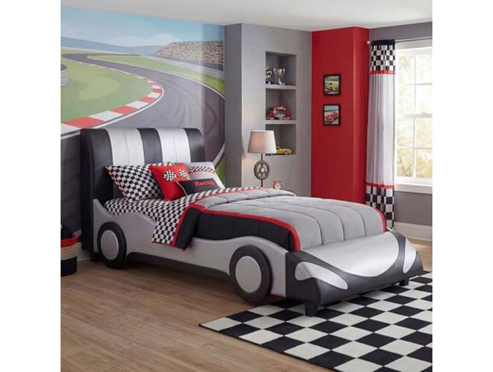 Mendler Bett HWC-E14 Lattenrost Kunstleder Holz 190x100cm - schwarz-Silber Auto, Junge, Kinderbett, Jugendbett