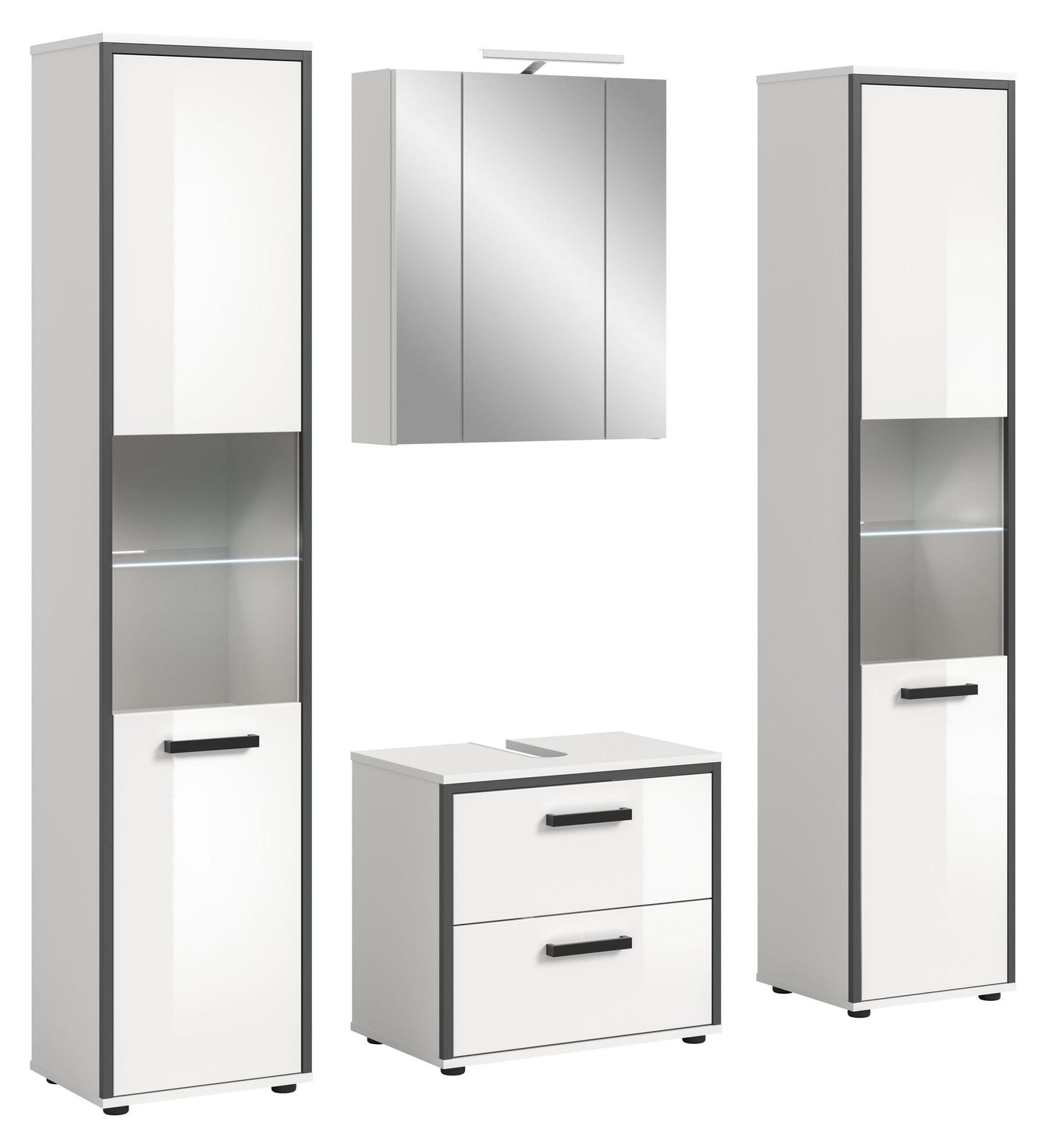 Kojak badkamer meubelset met verlichting en glazen deuren, hoogglans wit, Hoogte: 171 cm