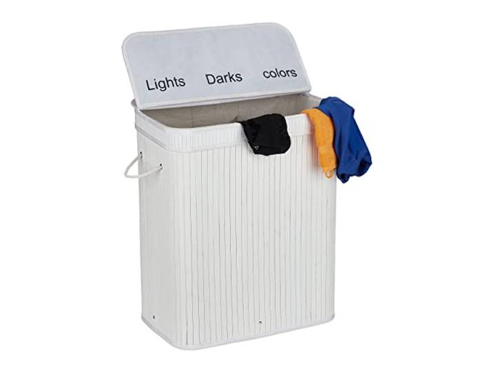 Relaxdays Panier à Linge\, Bambou\, 3 Compartiments\, 30 L par bac\, Coffre Couvercle\, poignées\, HxLxP 63x55x35 cm\, Blanc
