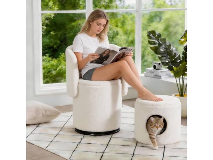 LOBO OFFICE 360° drehbarer Hocker mit Stauraum & Katzenhöhle Set Modern designter gepolsterter Hocker, ideal als Schminkhocker im Schlafzimmer oder Sitz am Esstisch,Leise 360° Drehfunktion,