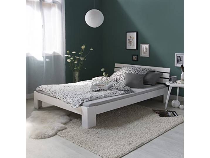Homestyle4u Holzbett 140x200 mit Matratze & Lattenrost Bettgestell Weiß Massivholzbett aus Kiefer - Stabiles Doppelbett mit Kopfteil & Rollrost - Modernes Futonbett für Schlaf- & Gästezimmer