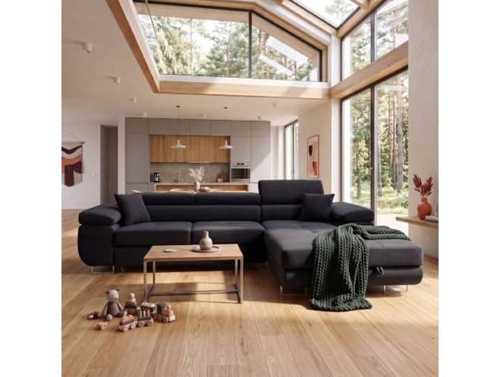 Muffo Ecksofa mit Schlaffunktion und Bettkasten rechts Graphit freistehendes Sofa, ausziehbar, Sofa mit Stauraum, Ecksofa, verstellbare Kopfstützen, Velvet-Stoff