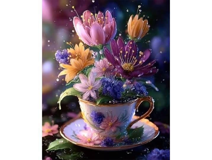 RKFLGEW Diy Perlenstickerei-Set Für Erwachsene Bunte Blumen In Teetasse Perlen-Kreuzstich-Set, Gestempelt, Handarbeit, Nähen, Stickerei, Handarbeit Für Handarbeiten 50x70cm