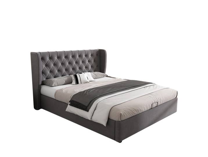 Flieks Polsterbett 140x190 Ohrform Samt Hydraulisch Grau, 140x190 cm, Schlafzimmer, Betten, Polsterbetten